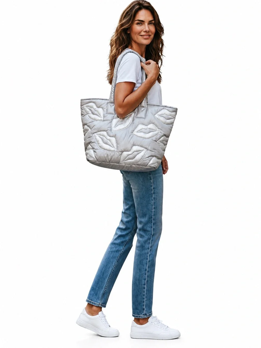 Wildfox Puffy Lips Quilted Tote Silver White NWT Zip Top Carryall
